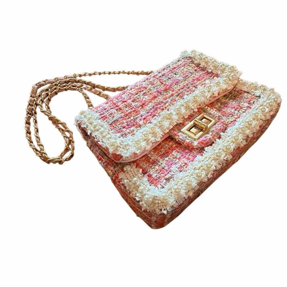 Classic tweed pearl pink shoulder bag purse super cute classic gold closure - Picture 3 of 9